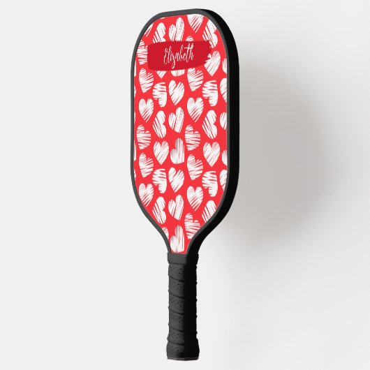 Moderne rote und weiße doodled Herz Valentine Name Pickleball Schläger (Links)