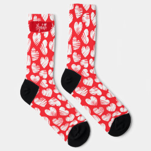 Moderne rote und weiße doodled Herz Valentine Name Socken