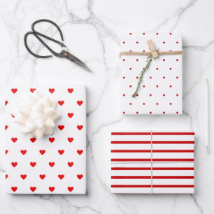 Moderne Rote und Weiße Herzen Streifen Punkte 3 Geschenkpapier Set