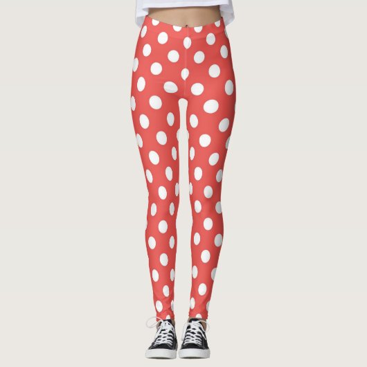 Moderne rote und weiße Polka-Punkte-Muster Leggings (Vorderseite)