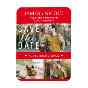 Moderne rote und weiße Save-the-Date-Hochzeit 3 Fo Magnet