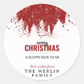Moderne Rote Wälder Bäume frohe Weihnachten Runder Aufkleber (Vorderseite)