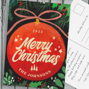 Moderne Rote Weihnachtsballen Ornament Botanisch Feiertagspostkarte