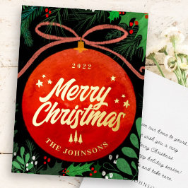 Moderne Rote Weihnachtsballen Ornament Botanisch Folien Feiertagskarte