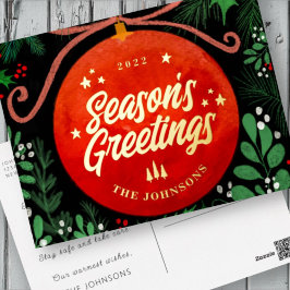 Moderne Rote Weihnachtsballen Ornament Botanisch Folien Feiertagspostkarte