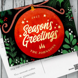 Moderne Rote Weihnachtsballen Ornament Botanisch Folien Feiertagspostkarte