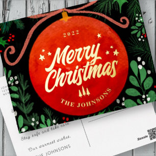 Moderne Rote Weihnachtsballen Ornament Botanisch Folien Feiertagspostkarte