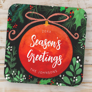 Moderne Rote Weihnachtsballen Ornament Botanisch Quadratischer Aufkleber