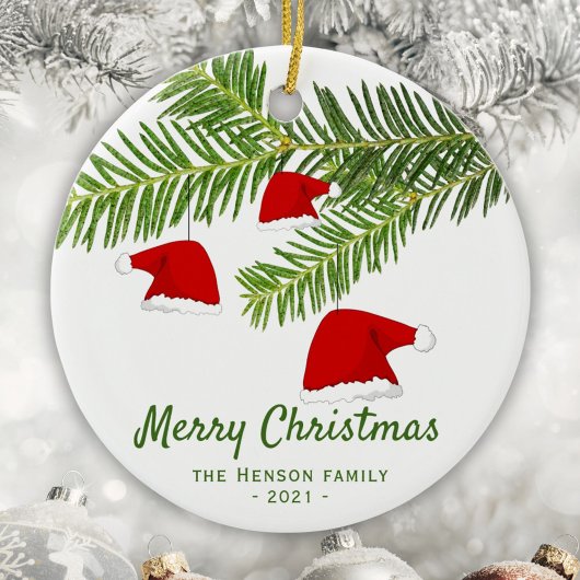 Moderne Rote Weihnachtsmannmütze Pine Frohe Weihna Keramik Ornament