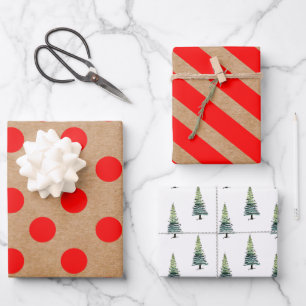 Moderne rote Weihnachtssteine, Streifen und Baum Geschenkpapier Set