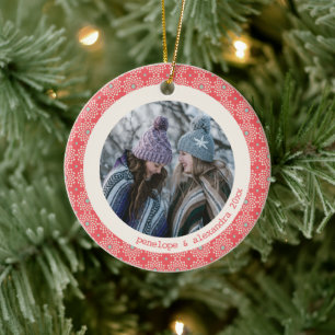Moderne rote weiße Kreis Foto Personalisiert Keramik Ornament