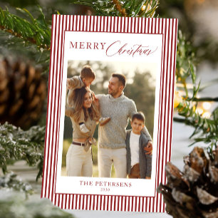 Moderne rote weiße Streifen Familienfoto Weihnacht Feiertagskarte