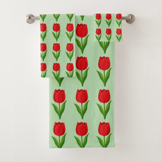 Moderne rotes Tulpenblumenmuster auf hellgrün Badhandtuch Set (Insitu)