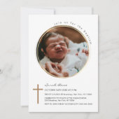 Moderne Round Circle Foto Gold Cross Taufen Einladung (Vorderseite)