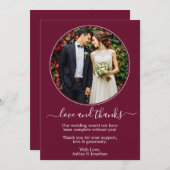 Moderne Round Foto Frame Burgundy Wedding Dankeskarte (Vorne/Hinten)