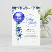 Moderne Royal Blue Floral Balloon Babydusche Einladung (Stehend Vorderseite)
