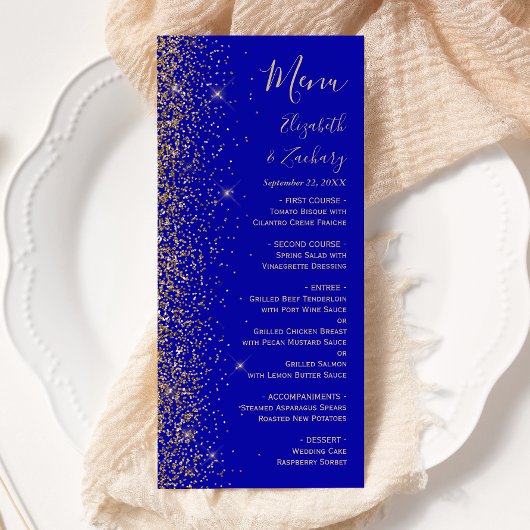 Moderne Royal Blue Gold Glitzer Edge Wedding Menükarte