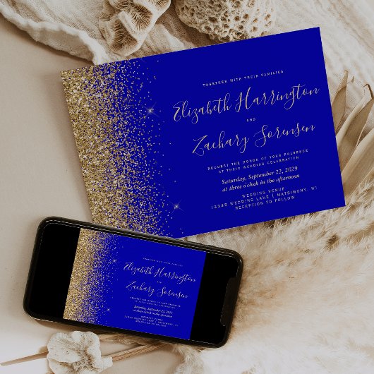 Moderne Royal Blue Gold Glitzer Wedding Einladung