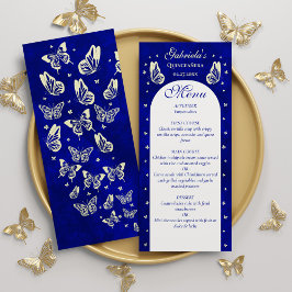Moderne Royal Blue Gold Schmetterlinge Quinceañera Menükarte