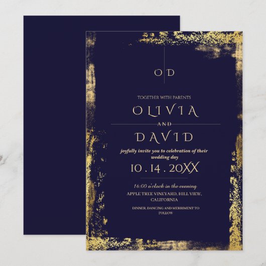 Moderne Royal Blue Gold Wedding Einladung (Vorne/Hinten)