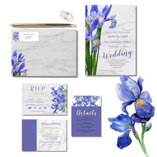 Moderne Royal Blue Iris blorale weiße Punkte Hochz Einladung