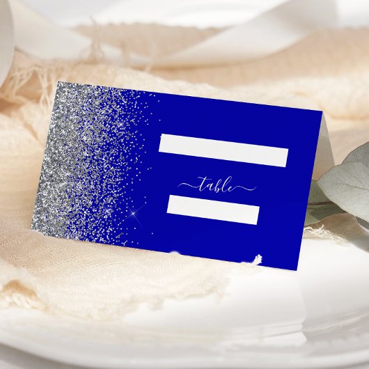 Moderne Royal Blue Silver Glitzer Edge Wedding Platzkarte