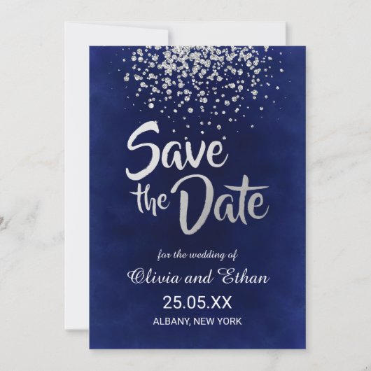 Moderne Royal Blue und Silver Confetti Save The Date (Vorderseite)