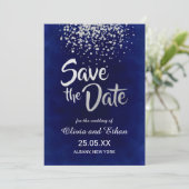 Moderne Royal Blue und Silver Confetti Save The Date (Stehend Vorderseite)
