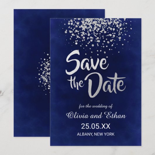 Moderne Royal Blue und Silver Confetti Save The Date (Vorne/Hinten)