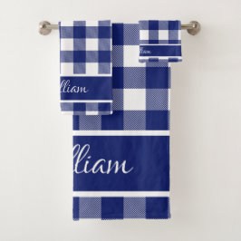 Moderne Royal Blue White Buffalo Karos Badhandtuch Set