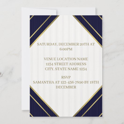 Moderne Royal Blue White und Gold Streifen Geburts Einladung (Rückseite)