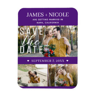 Moderne Royal Purple Save the Date Hochzeit 3 Foto Magnet