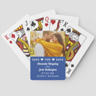 Moderne Royalblaue Foto Herz Save-the-Date Karte Spielkarten