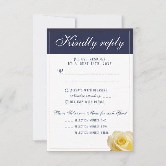 Moderne RSVP-Karte für das Hochzeitsmenü der Gelbe RSVP Karte (Vorderseite)