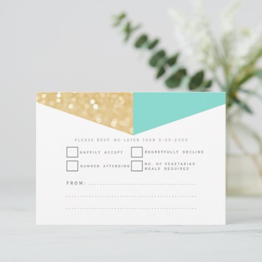 Moderne RSVP-Karten für Gold Glitzer und Aquamarin RSVP Karte (Stehend Vorderseite)