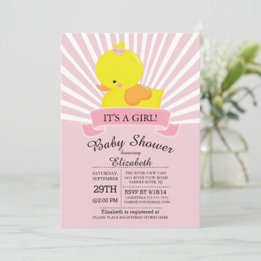 Moderne Rubber Duck Girls Babydusche Einladung (Stehend Vorderseite)