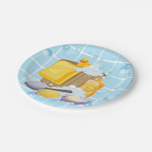 Moderne Rubber Ducky Bubbles Baby Dusche Pappteller (Schrägansicht)