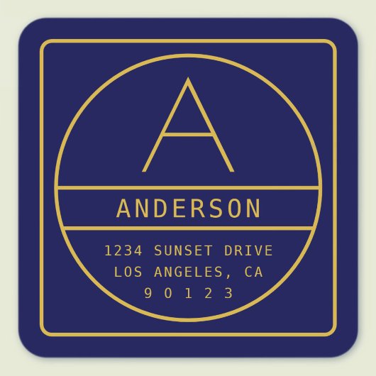 Moderne Rücksendeadresse & Monogramm | Gold & Navy Quadratischer Aufkleber