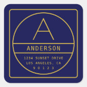 Moderne Rücksendeadresse & Monogramm | Gold & Navy Quadratischer Aufkleber (Vorderseite)