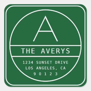 Moderne Rücksendeadresse und Monogramm Grün Quadratischer Aufkleber