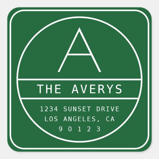 Moderne Rücksendeadresse und Monogramm | Grün Quadratischer Aufkleber (Vorderseite)