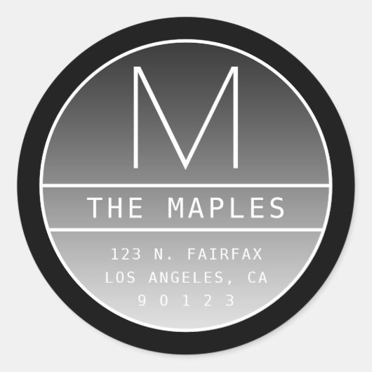 Moderne Rücksendeadresse und Monogramm | Schwarz Runder Aufkleber (Vorderseite)