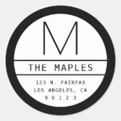 Moderne Rücksendeadresse und Monogramm | Schwarz Runder Aufkleber (Vorderseite)