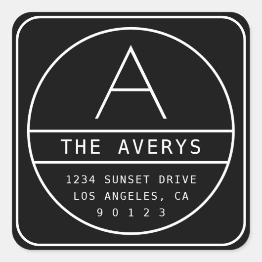 Moderne Rücksendeadresse und Monogramm | Schwarz/W Quadratischer Aufkleber (Vorderseite)