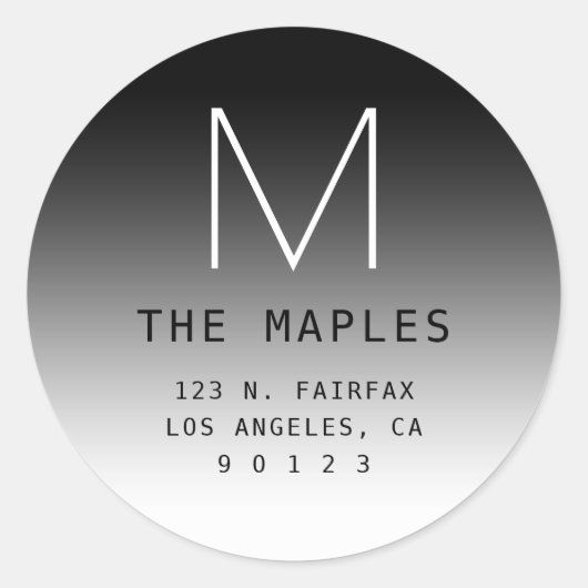 Moderne Rücksendeadresse und Monogramm | Schwarzer Runder Aufkleber (Vorderseite)