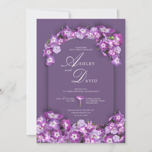 Moderne Rum Rustikale Lila Lilac Arch Blume Hochze Einladung (Vorderseite)
