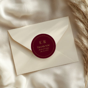 Moderne Runde Burgunder-Gold-Monogramm-Hochzeits-E Runder Aufkleber