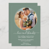 Moderne runde Foto-Rahmen-Größe Grün Hochzeit Dankeskarte (Vorne/Hinten)