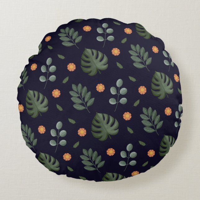 Moderne runde Kissen mit botanischem Blatt in Navy (Vorderseite)
