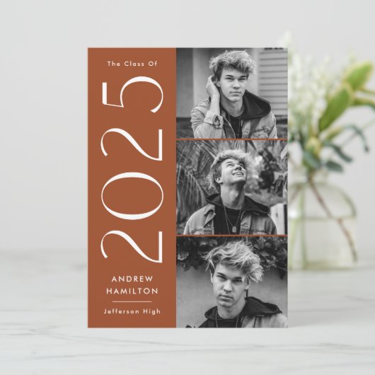 Moderne Rust 3 Foto Graduation Party 2025 Einladung (Stehend Vorderseite)